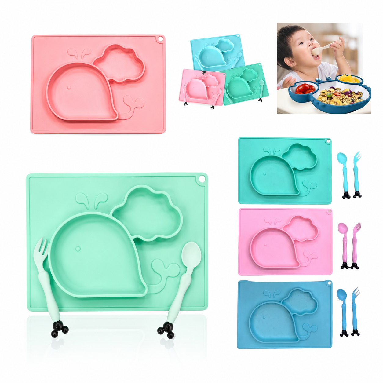 Haz que la hora de comer sea más divertida, práctica y segura para tu bebé con este hermoso plato antideslizante elaborado en silicona suave y resistente. Su diseño con divisiones ayuda a organizar mejor los alimentos y fomenta la alimentación independiente.

✨ Características:
• Material de silicona segura y libre de BPA.
• Base antideslizante para mayor estabilidad.
• Compartimientos ideales para separar los alimentos.
• Incluye cuchara y tenedor para bebé.
• Fácil de lavar y reutilizable.
• Diseños y col