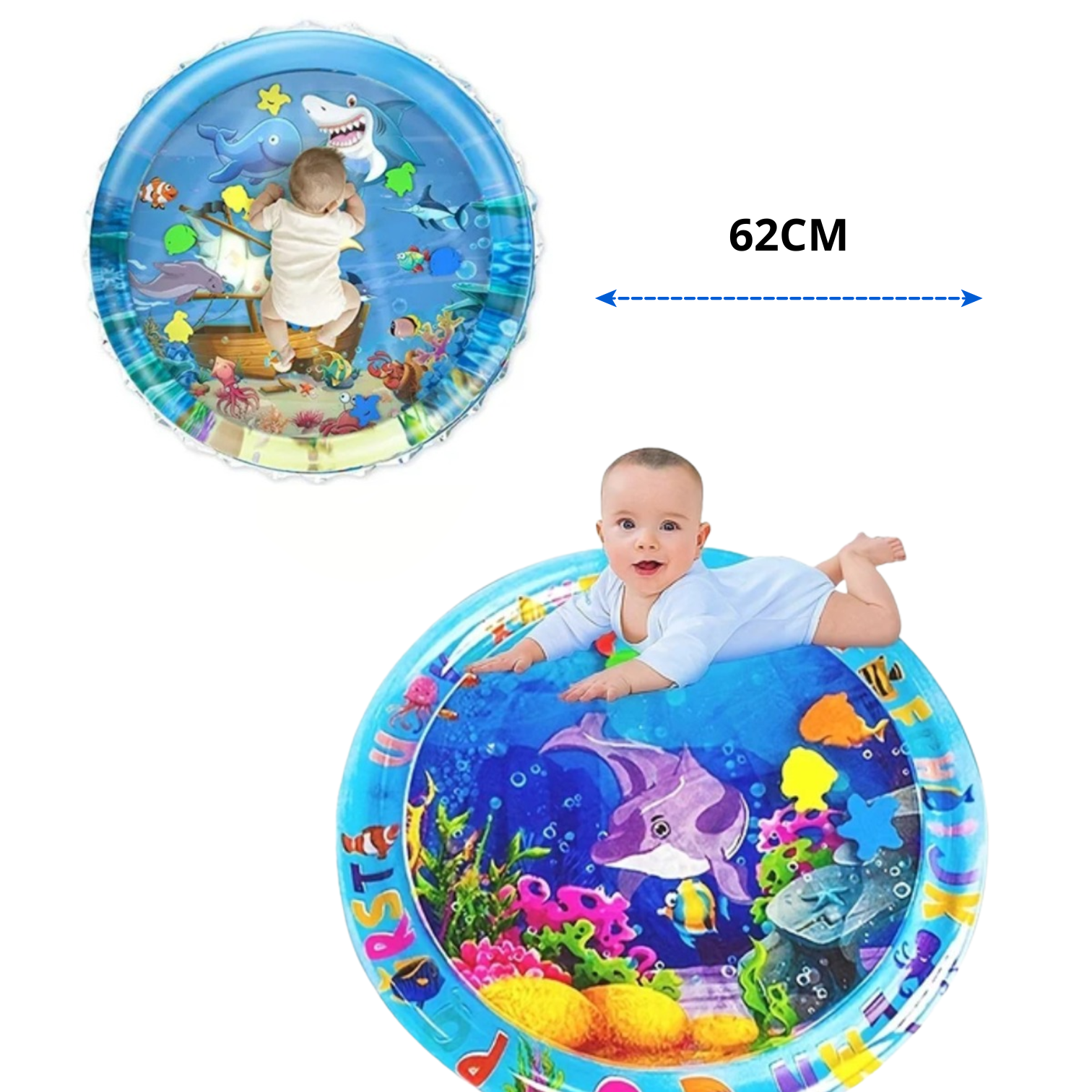 ¡Diversión y estimulación en un solo producto! Nuestro tapete de agua para bebé está diseñado para acompañar el desarrollo de los más pequeños mientras juegan de forma segura y entretenida.

Con colores llamativos y figuras flotantes en movimiento, ayuda a estimular los sentidos, fortalecer los músculos y mejorar la coordinación motora durante el tiempo boca abajo (“tummy time”).

✨ Beneficios:
Estimula el desarrollo sensorial y motriz.
Ayuda a fortalecer cuello, espalda y brazos.
Diseño colorido y atractiv